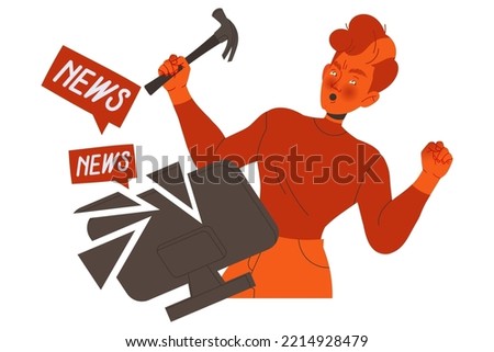 Stressed Man Character with Hammer Breaking Television to Pieces Feeling Anger and Resentment Vector Illustration