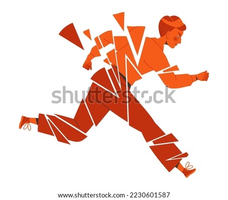 Stressed Man Character Running with Red Body Broken to Pieces Feeling Anger and Resentment Vector Illustration