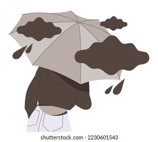 Stressed Man Character Under Umbrella with Black Rainy Cloud Feeling Sadness and Loneliness Vector Illustration