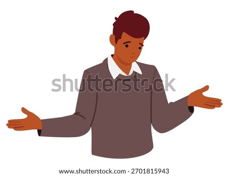 Stressed man with confused face feeling frustration and emotional pressure due to hard decision spreading arms wide. Male character depicting overwhelm, dilemma and mental strain vector illustration