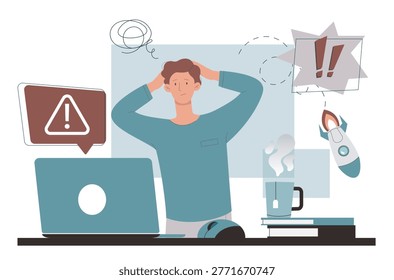 Stressed man at desk with laptop and warning icons shown in flat graphic style on light background, concept of anxiety and problem solving. Hand-drawn vector illustration