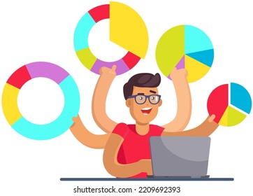 Stresste Mann, der viele Aufgaben zu tun. Männlicher Angestellter, der versucht, mit Fristen umzugehen. Geschäftsmann, der mit Statistikdiagrammen und Datenanalysen arbeitet. Multitasking, Überlastung am Arbeitsplatz, Brainstorming-Konzept