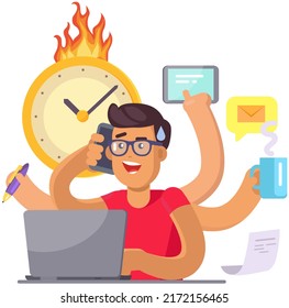 Stressed man doing simultaneously many tasks. Male employee trying to deal with deadlines. Businessman working, freelancing vector illustration. Multitasking, overload at work, brainstorming concept