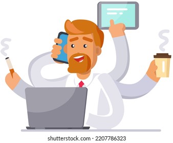 Stressed man doing simultaneously many tasks. Male employee trying to deal with deadlines. Overworking, overload at work, brainstorming concept. Person with many hands coping with multitasking