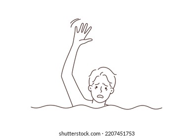 Stressed man drowning in water rise hand asking for help. Unhappy scared male beg for rescue have emergency in sea. Vector illustration. 