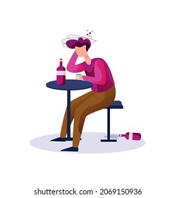 A stressed man drunk in the bar and get hangover with lot of drinks around him vector illustration background.