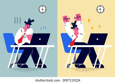 Stressed man employee work on computer anxious about deadline, happy worker finish on time on contrary. Male professional or clerk during and in end of working day. Flat vector illustration. 