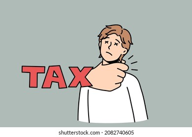Stressed man get suppressed by tax payments suffer from financial burden. Unhappy anxious male have finance problems. Debt and bankruptcy concept. Banking issues. Vector illustration. 