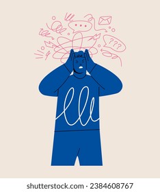 Stressed man with hands on his head with doodle abstract elements on background. Colorful vector illustration
