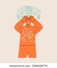 Stressed man with hands on his head with doodle abstract elements on background. Colorful vector illustration
