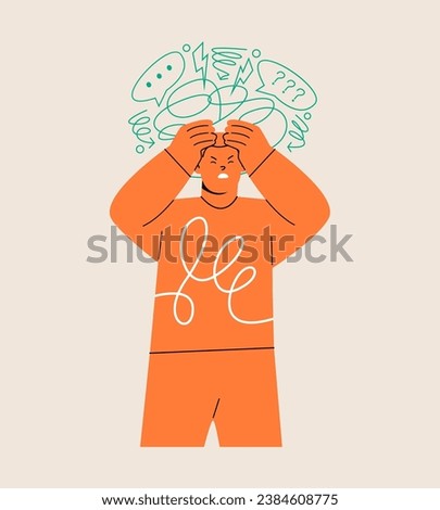 Stressed man with hands on his head with doodle abstract elements on background. Colorful vector illustration

