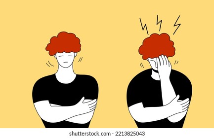 Stressed man having restless stressed expression on face. Obsessive compulsive, anxiety disorder concept.. line and flat vector illustration.