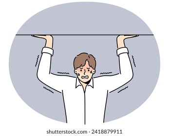 Stressed man holding heavy burden on hands. Distressed businessman carrying load or weight. Overwork and workload. Vector illustration.