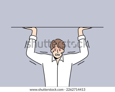 Stressed man holding heavy burden on hands. Distressed businessman carrying load or weight. Overwork and workload. Vector illustration. 