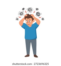 Hombre estresado sosteniendo su cabeza con ansiedad y pensamientos de pánico. Ilustración plana de dibujos animados que muestra la presión mental, la sobrecarga de estrés, el ataque de pánico y el problema psicológico aislado sobre fondo blanco