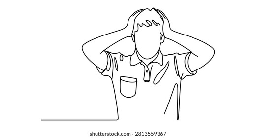 Stressed man holding his head in a continuous line drawing
