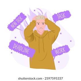 A stressed man in a hoodie holding his head, surrounded by floating words like task, deadline, and work, symbolizing overwhelming workload. Flat vector illustration