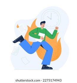 A stressed man hurrying with papers and documents. A busy office worker with a lot of work and deadlines. Overwork and stress at work. Vector flat illustration isolated on the white background. 