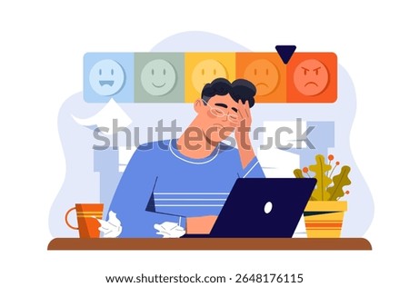 Stressed man at a laptop holding head in frustration, surrounded by papers and coffee, with emotion scale on wall. Flat style on white background. Concept of burnout. Vector illustration