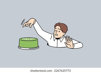 Stressed man look out of hole press help button. Distressed unhappy employee ask for assistance or help. Vector illustration. 