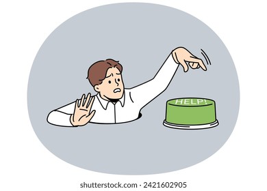 Stressed man look out of hole press help button. Distressed unhappy employee ask for assistance or help. Vector illustration.