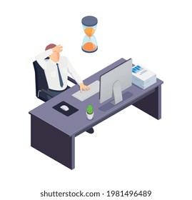 Stressed man in office before deadline isometric icon vector illustration
