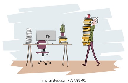 Stressed man with office document and paperwork in hand
