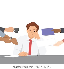 Homem estressado em um ambiente de escritório parece exausto como várias mãos com várias tarefas e itens. Ilustração de vetor plano isolada no plano de fundo branco