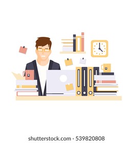 Stressed Man Office Worker Overloaded With Work In Office Cubicle Having His Daily Routine Situation Cartoon Character