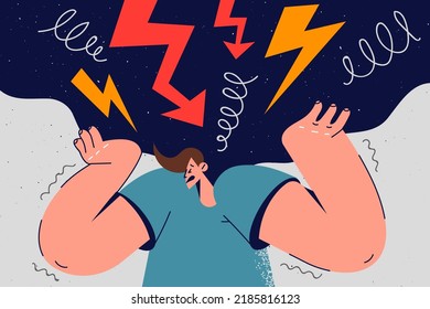 Stressed man overwhelmed with bad toxic thoughts. Unhappy distressed guy frustrated with burden, overthinking and worrying too much. Vector illustration. 