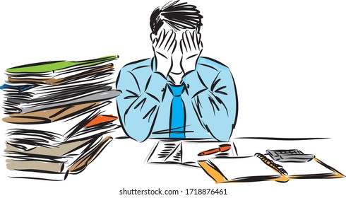 stressed man with lot paper work vector illustration