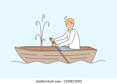 Stressed man rowing in boat see hole and water leaking. Unhappy frustrated male confused with ship leakage in water. Vector illustration. 