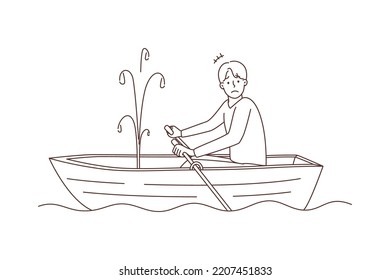 Stressed man rowing in boat see hole and water leaking. Unhappy frustrated male confused with ship leakage in water. Vector illustration. 