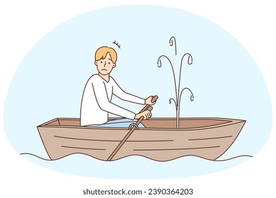 Stressed man rowing in boat see hole and water leaking. Unhappy frustrated male confused with ship leakage in water. Vector illustration.