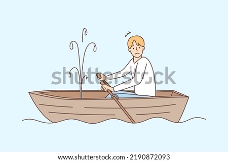 Stressed man rowing in boat see hole and water leaking. Unhappy frustrated male confused with ship leakage in water. Vector illustration. 