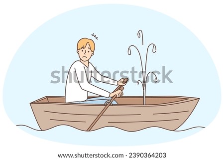 Stressed man rowing in boat see hole and water leaking. Unhappy frustrated male confused with ship leakage in water. Vector illustration.
