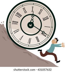 Stressed man running from a huge clock rolling downhill, EPS 8 vector illustration, no transparencies 