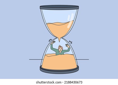 Stressed man sinking in sandglass losing time. Male in despair in hourglass miss deadline. Time organization and schedule. Vector illustration. 