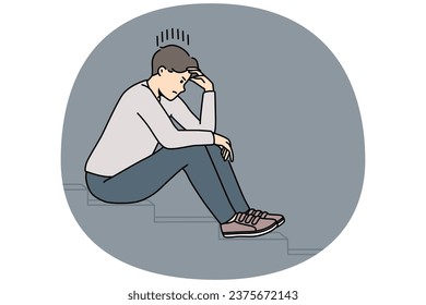 Stressed man sit on stairs thinking or making plan. Distressed unhappy guy lost in thoughts having dilemma or issue. Vector illustration.