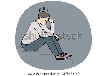 Stressed man sit on stairs thinking or making plan. Distressed unhappy guy lost in thoughts having dilemma or issue. Vector illustration.