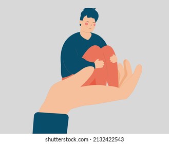 Stressed man sits on a big hand. Male needs care and support because of depression and stress. Counselor helps a sad teenager boy to get rid of psychological problems. Mental health disorders concept.