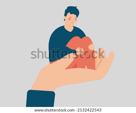 Stressed man sits on a big hand. Male needs care and support because of depression and stress. Counselor helps a sad teenager boy to get rid of psychological problems. Mental health disorders concept.