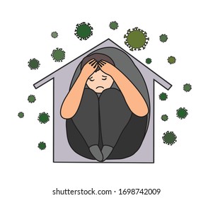 Stressed man sitting in closely house with corona virus around. Vector about negative emotions, depression in quarantine. Psyhology problems in self isolation at home in covid-19 coronavirus epidemic
