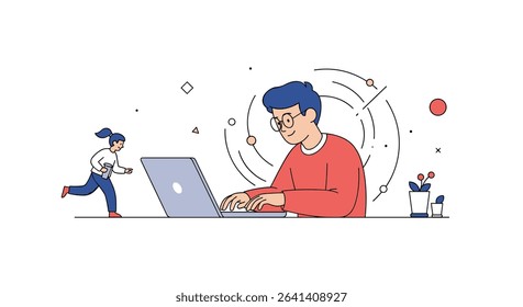 Stressed Man Sitting at Laptop While a Woman is Running Toward Him