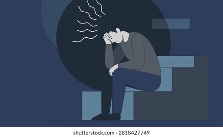 Stressed man sitting on concrete steps with his head in his hand while surrounded by dark thoughts and heavy scribbles.