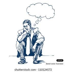 Stressed man sitting on step. Hand drawn sketch illustration isolated on white background