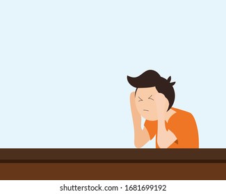 stressed man is sitting at the table. Cartoon vector style for your design.