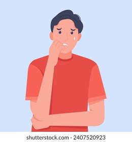 Stressed man standing biting his nails in fear anxiety over the problem of feeling afraid. Male expression of anxiety, shock, facial expression