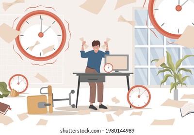 Stressed man standing in the messy office with documents in his hands surrounded by watches vector flat illustration. Working overtime, deadline, high stress at work, productivity concept.