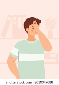Stressed man standing at office backdrop and feeling sadness of loss or disappointment, unsuccessful fail, flat vector illustration. Business man regretting of miscarry.